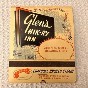 Vintage Glen's Hik-Ry Inn Giant Full Feature Matchbook Advertising